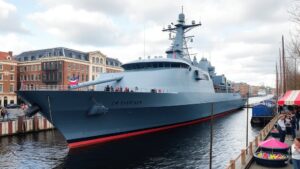 Oorlogsschip Zr.Ms. Evertsen arriveert in Amsterdam
