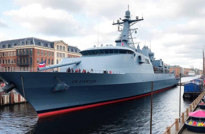 Oorlogsschip Zr.Ms. Evertsen arriveert in Amsterdam
