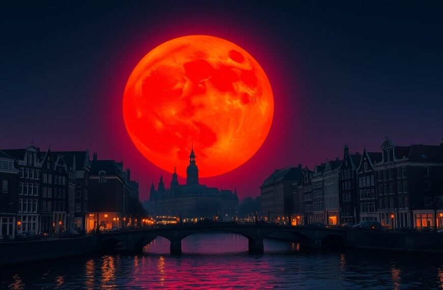 Bloedmaan schittert boven Amsterdam