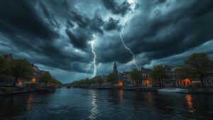 Onweersbuien en zware regen in Amsterdam