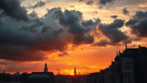 Lucht boven Amsterdam kleurt oranje