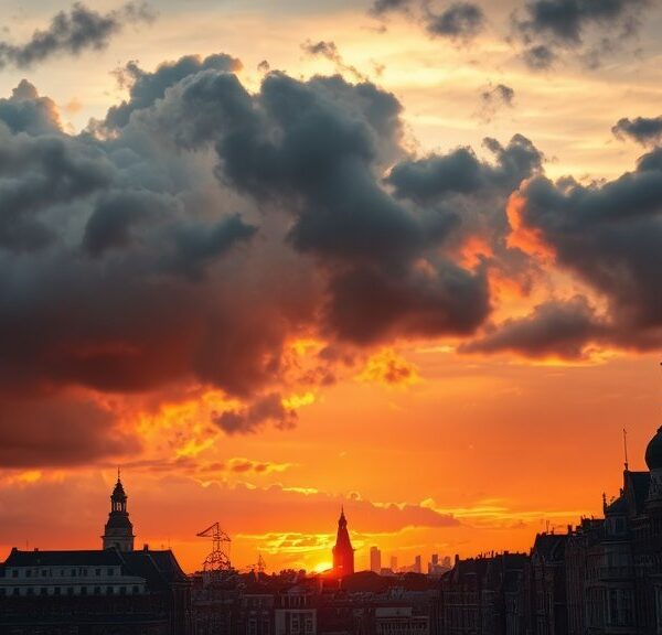 Lucht boven Amsterdam kleurt oranje