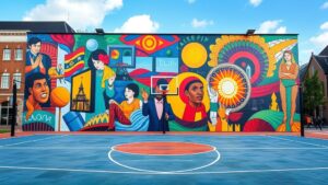 Kleurrijk kunstwerk siert basketbalveld Museumplein