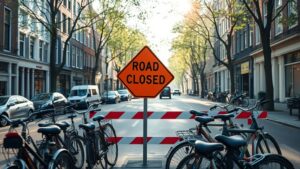 Fietsers negeren verkeersbord tijdens werkzaamheden