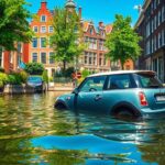 Mini-auto in gracht geduwd in Amsterdam
