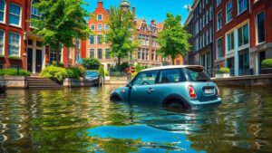 Mini-auto in gracht geduwd in Amsterdam