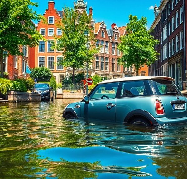 Mini-auto in gracht geduwd in Amsterdam
