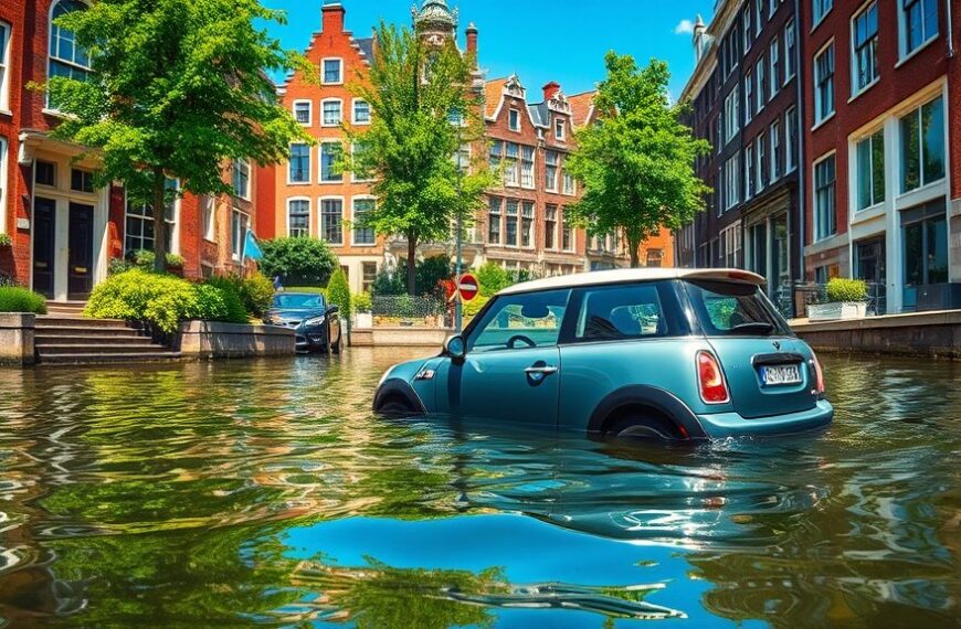 Mini-auto in gracht geduwd in Amsterdam