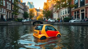 Mini-auto in de gracht geduwd in Amsterdam