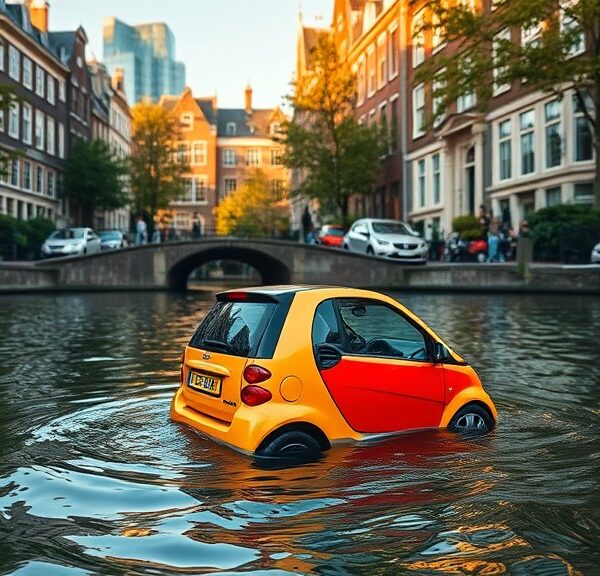 Mini-auto in de gracht geduwd in Amsterdam