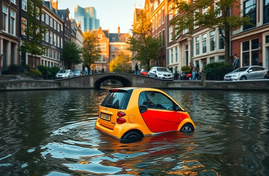 Mini-auto in de gracht geduwd in Amsterdam
